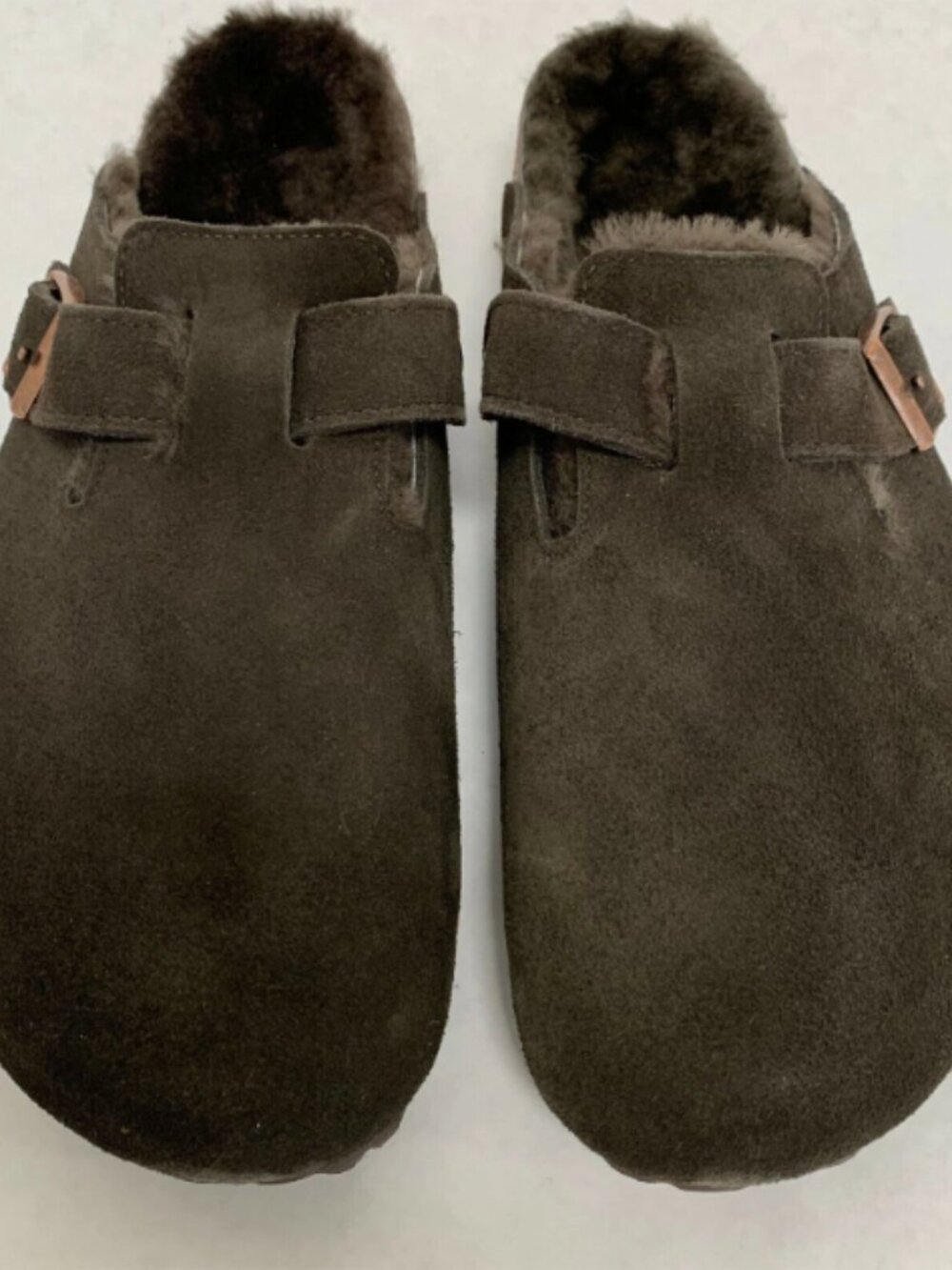 Birkenstock Boston Shearling Mocha Suede Leather Narrow Width Sandals